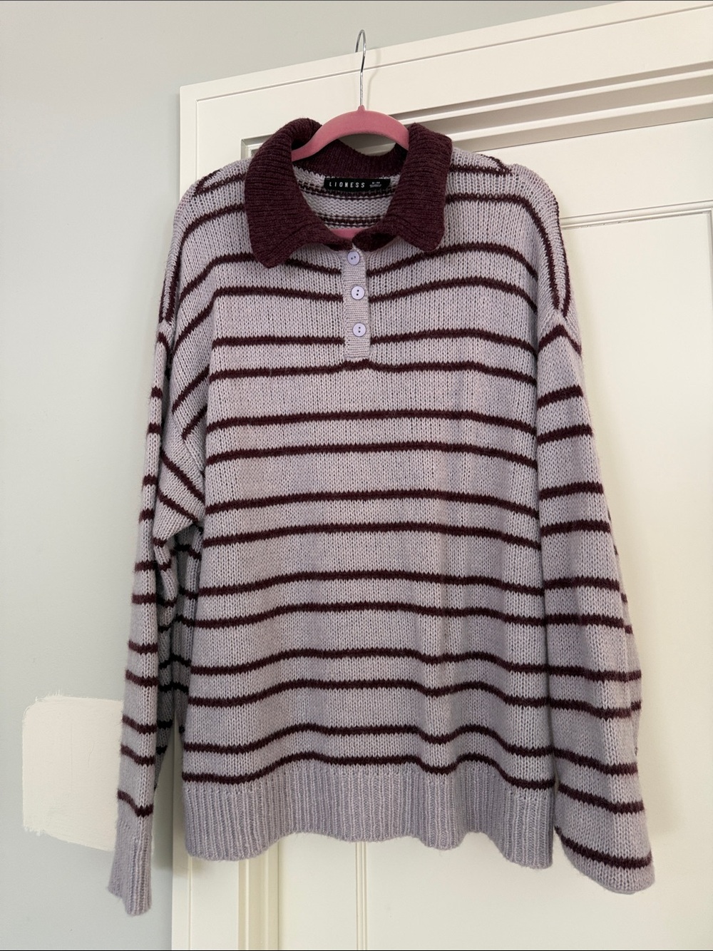 Lioness Striped Collared Knit Sweater in Lavender and Maroon